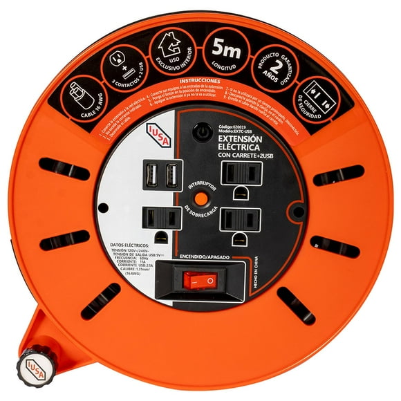 Extensión Eléctrica d'Carrete IUSA 5m, 3 Entradas + 2 USB negro