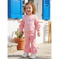 thumbnail image 3 of RUINIXCW Toddler Girl Fall Outfits Letter Bow Embroidered Ruffles Long Sleeve Crew Neck Sweatshirt and Flare Pants 2 Pieces Set, 3 of 8
