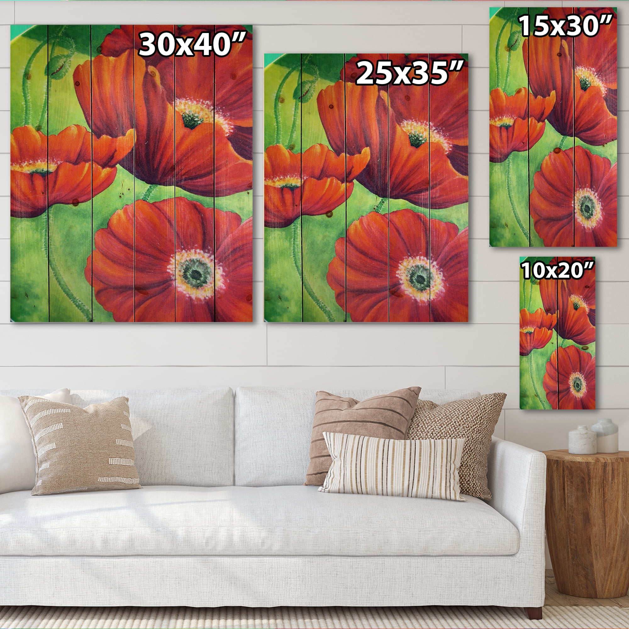 Designart 'Red Blossoming Poppies Over Wild Green V' Traditional Print on Natural Pine Wood