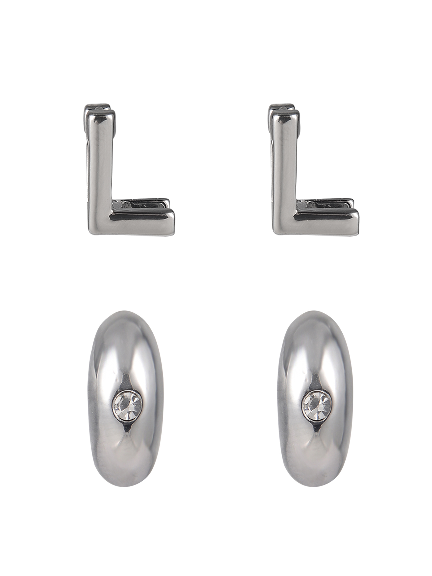 Time and Tru Silvertone 3-On Crystal Stud, Hoop, Initial "L" Earring Set