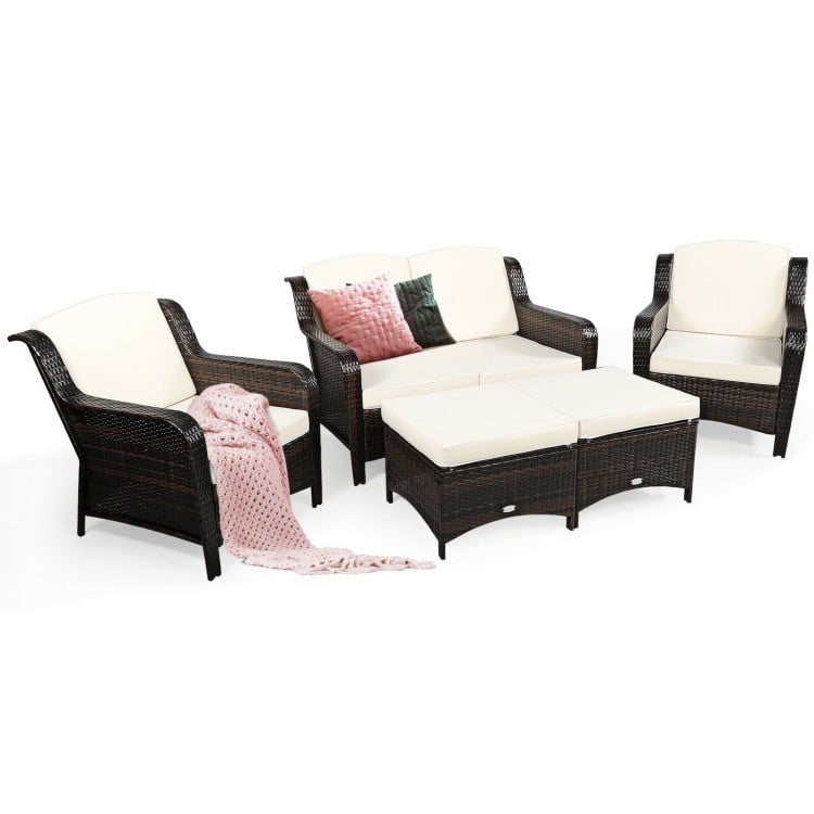 Aimee Lii 5 Pieces Patio Rattan Sofa Set with Cushion and Ottoman, Outdoor Wicker Patio Furniture Set, White Aimee Lii 5 Pieces Patio Rattan Sofa Set with Cushion and Ottoman, Outdoor Wicker Patio Furniture Set, White