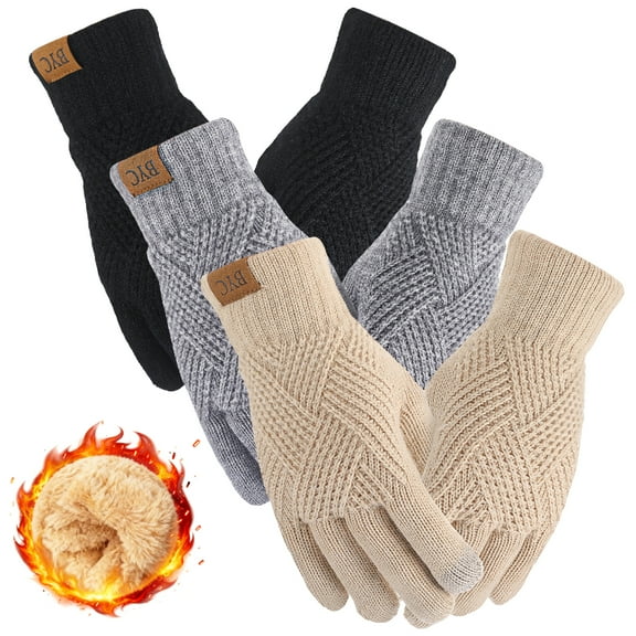 Bocaoying 3 Pairs Winter Gloves for Women, Touch Screen Elastic Thermal Knit Lining Warm Gloves for Cold Weather, 3D Pattern Windproof Cuff Thicken Gloves