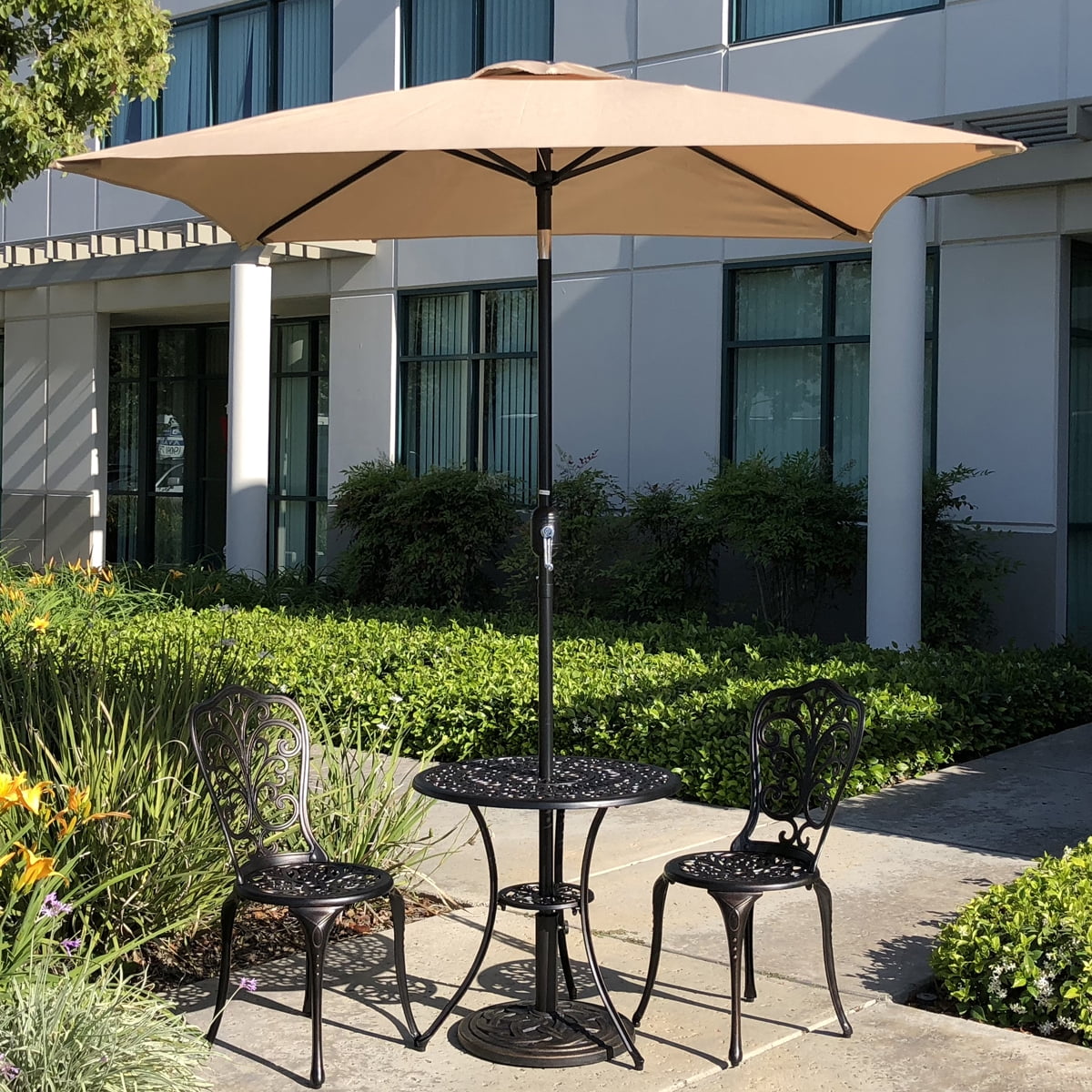 brown patio umbrella madison wi 15 ft. x 9 ft. Double Sided Patio Market Umbrella with Solar Lights and Base Rectangular Outdoor Umbrella in Tan Brown