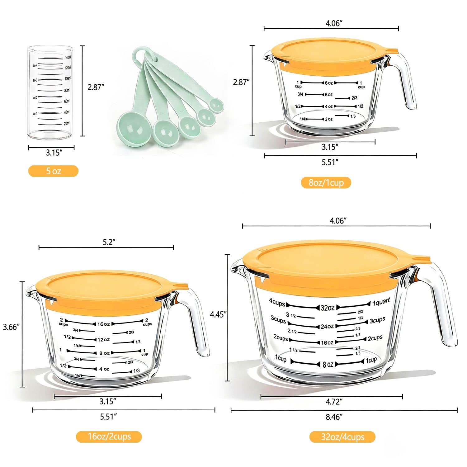 TAIMASI 9 Pcs Glass Measuring Cups Set with Lids, 4-Cup, 2-Cup, 1-Cup, 5 oz Liquid Measuring Cups & 5 Measuring Spoons | Microwave, Freezer & Dishwasher Safe，Yellow