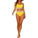 thumbnail image 2 of Conjuntos de bikini de dos piezas de talle alto con canalé para mujer, con tirantes ajustables, traje de baño, color amarillo grande, 2 of 5