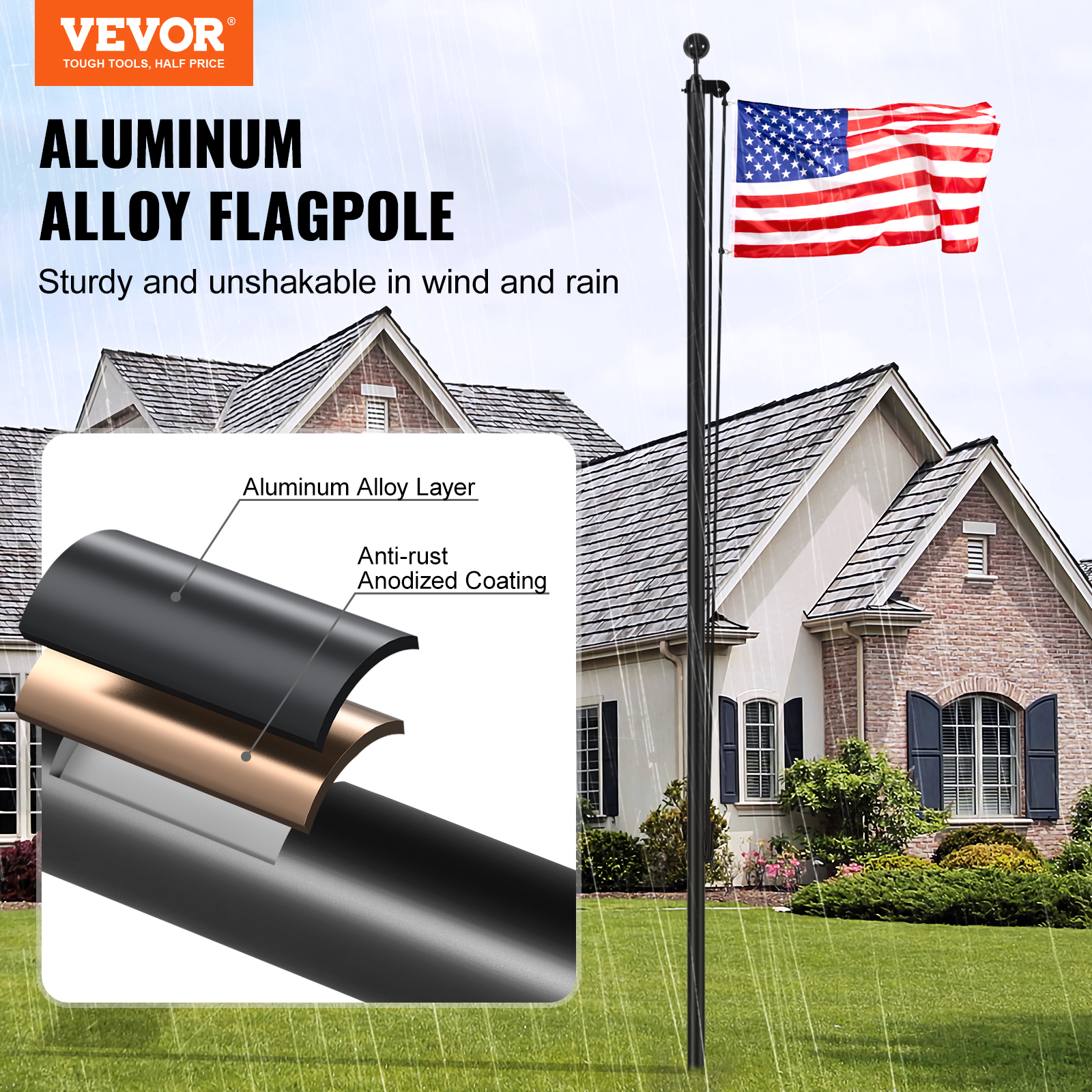 VEVOR 20FT Sectional Flag pole Kit, Heavy Duty Aluminum Alloy in Ground Flag poles for Outside, 3 Display Modes Flagpole with 3x5 American Flag, Professional Accessories, Black