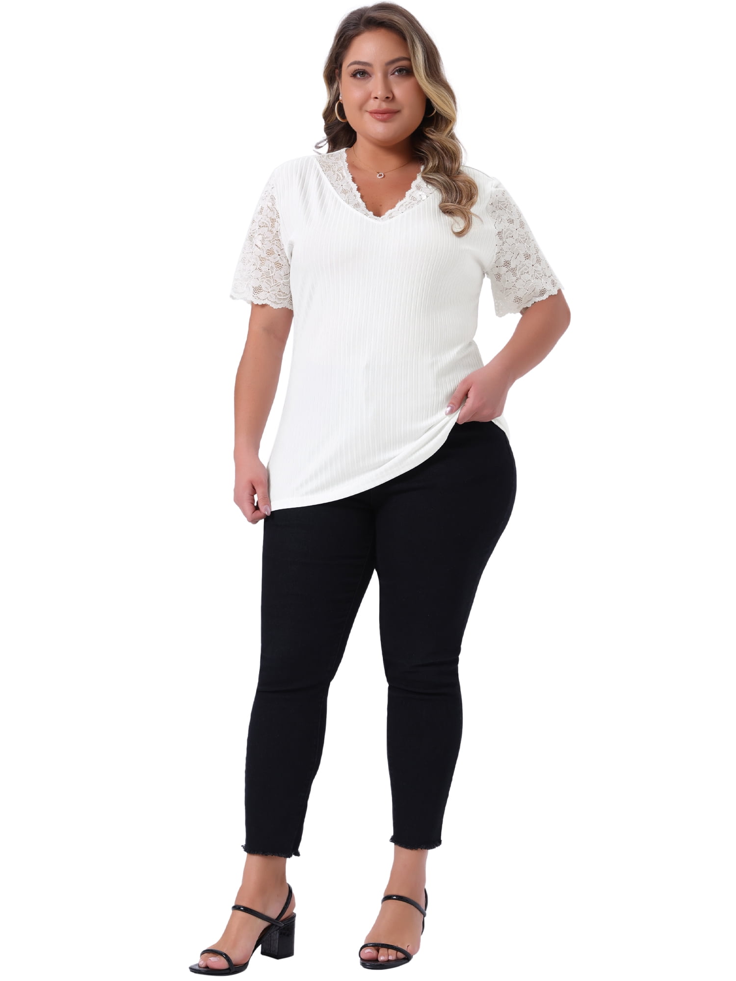 DARING DIVA Women's Plus V Neck Short Sleeve Lace Ribbed Knit Blouse 1X White