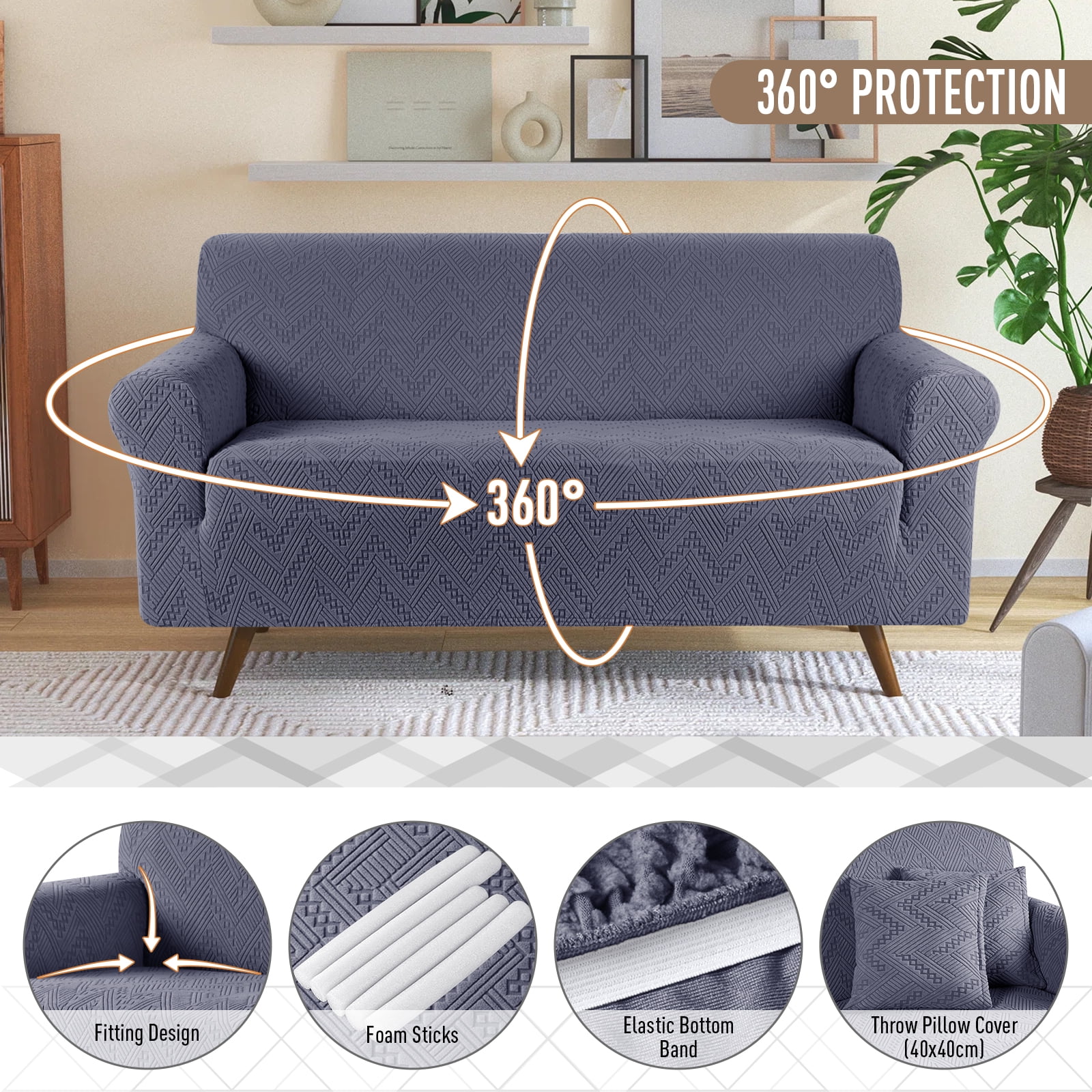 Timeles 1 Piece Stretch Loveseat Sofa Covers Non Slip Couch Covers Soft Jacquard Sofa Slipcover Washable Furniture Protector with 2 Throw Pillow Covers (2 Seater, Gray)