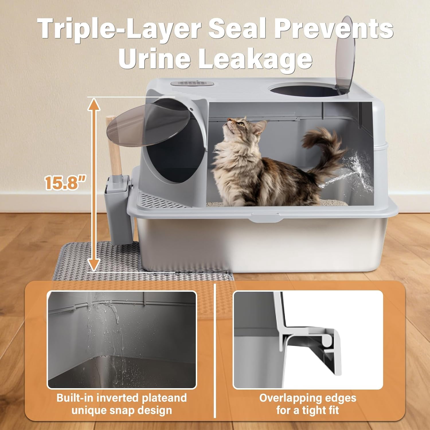 Extra Large Stainless Steel Litter Box with Lid, High Sided Design Includes Mat and Scooper, Easy Clean Non-Stick Odor Control