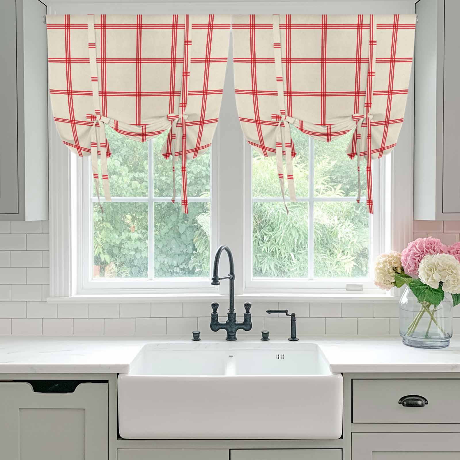 Yellow Buffalo Plaid Balloon Curtains 63 Inch Length for Living Room/Bedroom, Red Lines Grid Pattern Vintage Rod Pocket Privacy Door Curtains Decorative Tie Up Shade for Window 52"x63"
