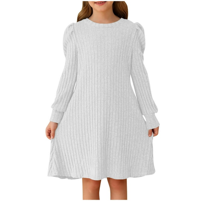 Odeerbi Niñas de Manga Larga Vestido de Punto de Canalé Niños Color Sólido Cuello Redondo Vestido de Princesa Con Bolsillo