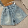 thumbnail image 5 of KPOPLK Girls Stretchy Denim Shorts Summer Casual Drawstring Elastic Waist Jean Shorts Jorts with Pockets,Blue,Size 9-10 Years, 5 of 6