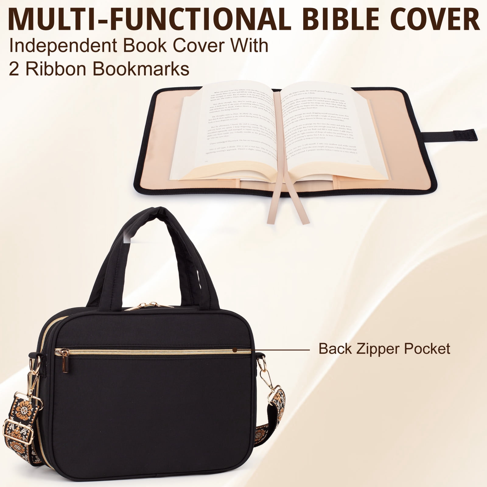 Bible Cover for Women, 2 Layers, Large Bible Carrying Case with Handles Shoulder Strap, Soft Puffy Quilted Bible Bag with Book Cover Organizer, Bible Tote for Church Study Supplies Accessories