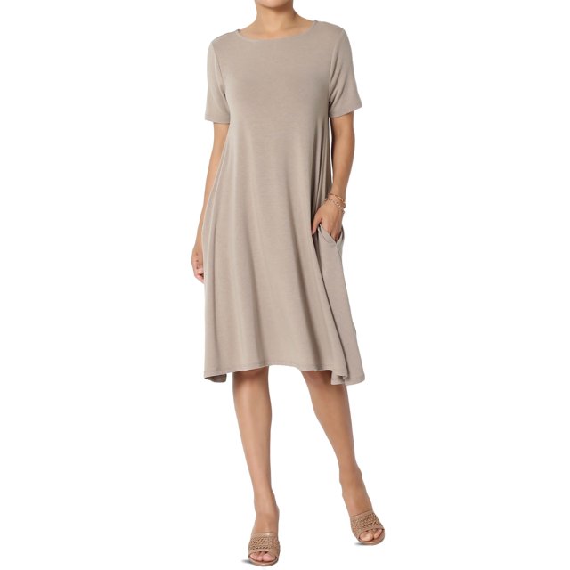 Robe T-Shirt Évasée à Manches Courtes Col Bateau Longueur Genou avec Poche pour Femmes PLUS
