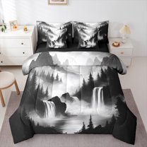 Manfei Waterfull 7-Piece Twin Bedding Sets,Natural Landscape 7 Pieces Bedding Comforter Set,Tropical Plant Pine Tree Sheet Sets For Adult,Luxury Bedroom Decor Reversible