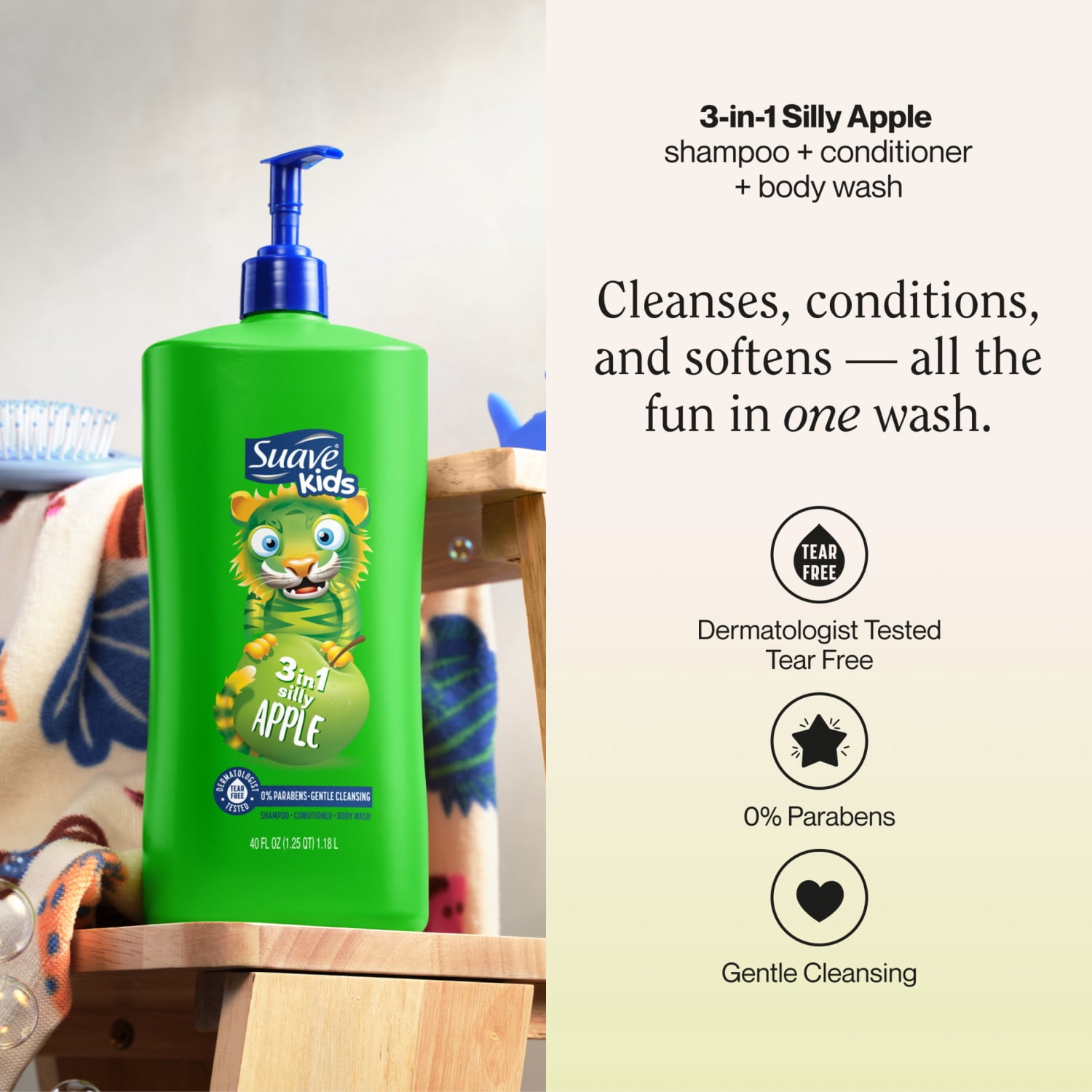 Suave Kids 3 in 1 Silly Apple Shampoo, Conditioner & Body Wash, 40 FL OZ Pump