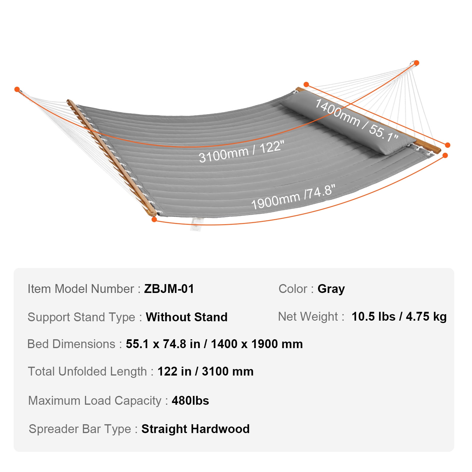 KFFKFF Double Layer Fabric Hammock with Removable Pillow Hardwood Spreader Bar