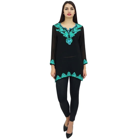 Phagun Women's Black Georgette Tunic Aari Work Long Sleeve Casual Ethnic Top-20