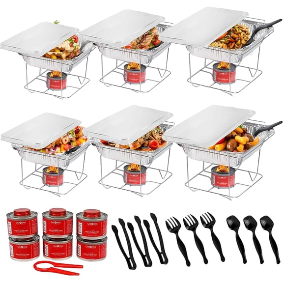 6 Pack - Disposable Chafing Dish Buffet Set Half Size Pans Welded Body Food Warmers For Parties Cans Complete Warming Trays