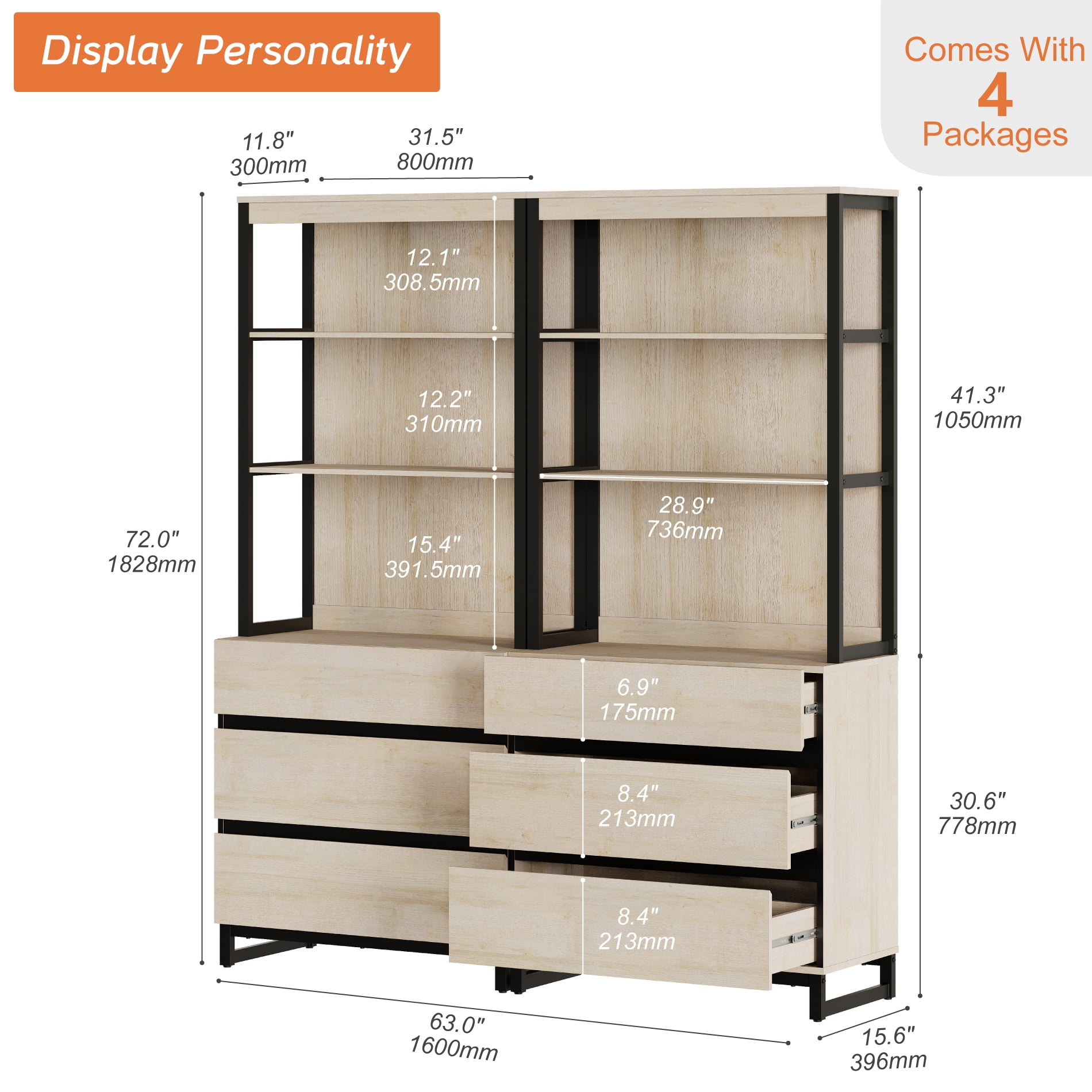 WAMPAT 2 PCS Modern 72" Tall Bookcase with 6 Drawers and Open Book Shelfs, Library Book Shelf with Storage Cabinet and Metal Base, Wood Freestanding Bookshelves for Home Office, Living Room, Beige