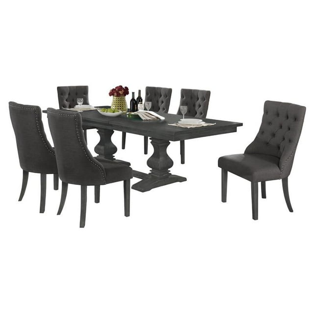 Dark Gray Wood 7pc Dining Set with 6 Tufted Gray Linen Chairs