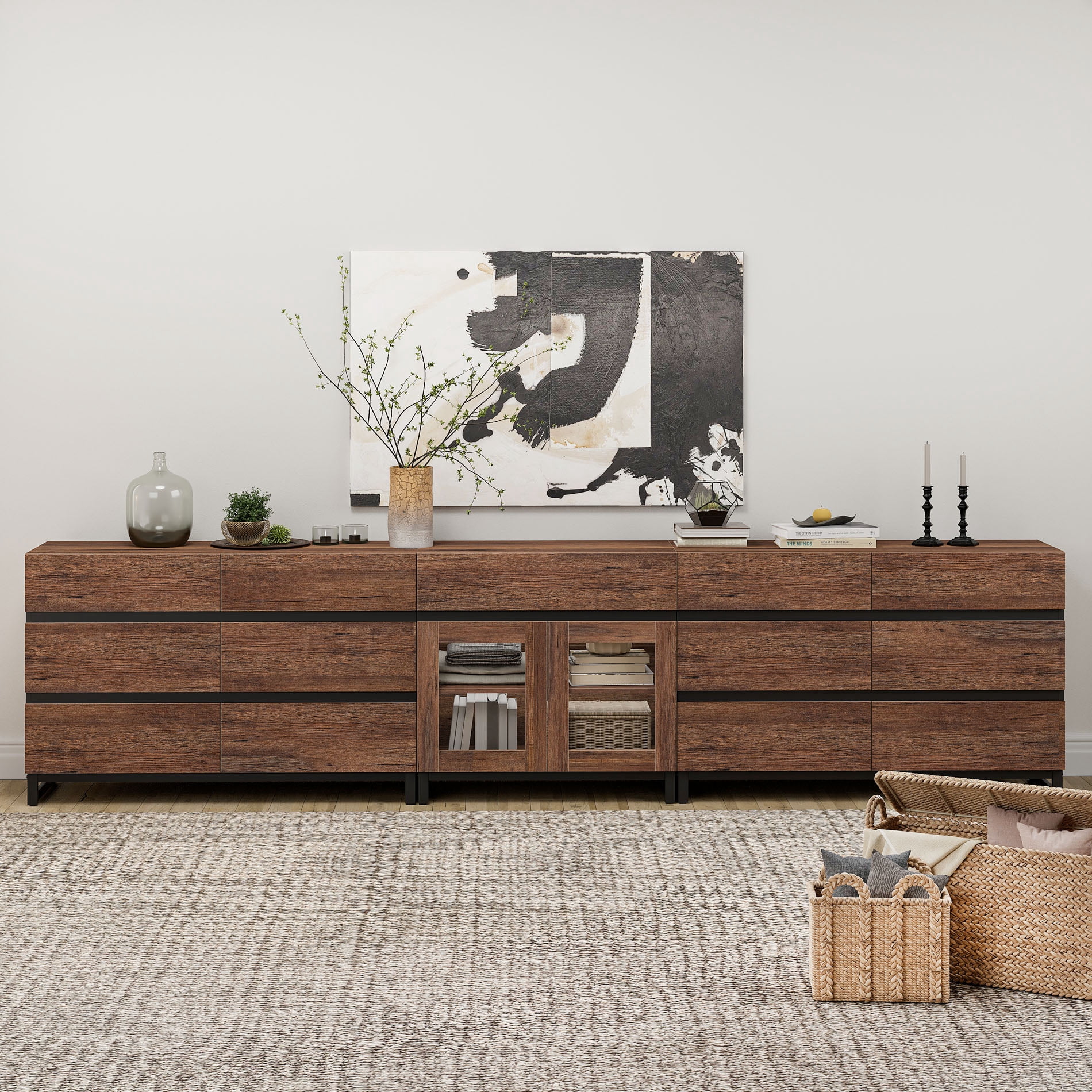 3 In 1 Multifunctional Chest of Drawers, Glass Door Dresser with 13 Drawers and Adjustable Shelves, Home Storage Cabinet Organizer for Bedroom,Brown