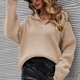 thumbnail image 3 of Mujeres De Punto Top Cuello En V Manga Larga Color Puro Engrosado Transpirable Suelto Jersey Suéter Albaricoque S, 3 of 6