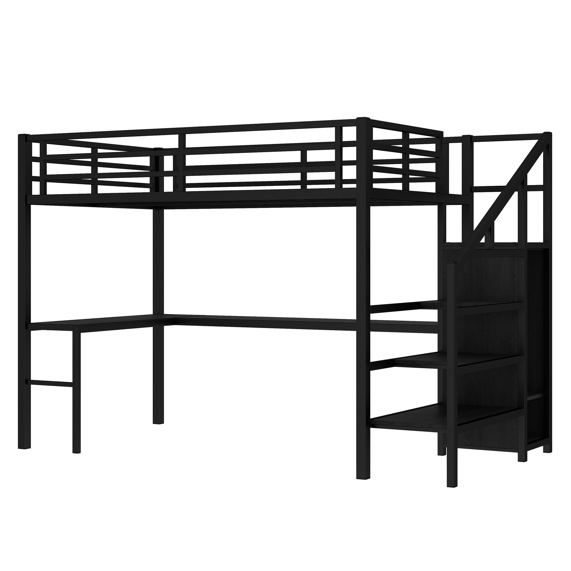 Full Size Loft Bed with L-shaped Desk and USB,Heavy Duty Metal Loft Bed with Wardrobe and Adjustable Shelf,High Loft Bed with LED for Kids Teens Adults, Black