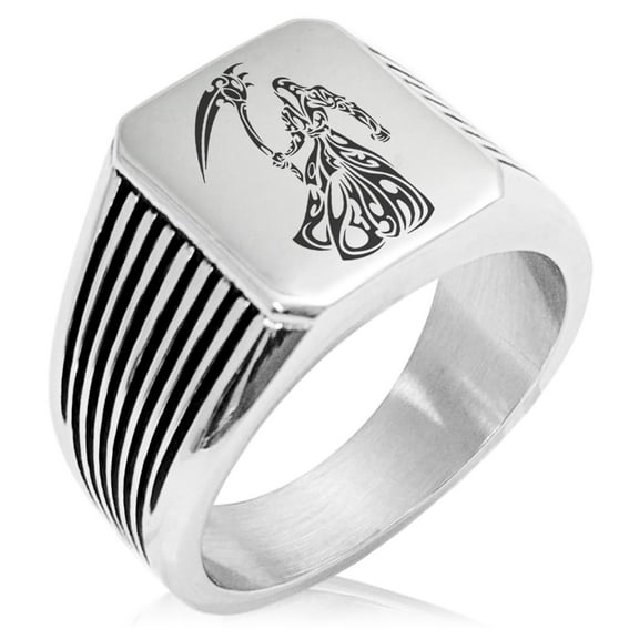 Stainless Steel Harbinger Grim Reaper Needle Stripe Pattern Biker Style Polished Ring