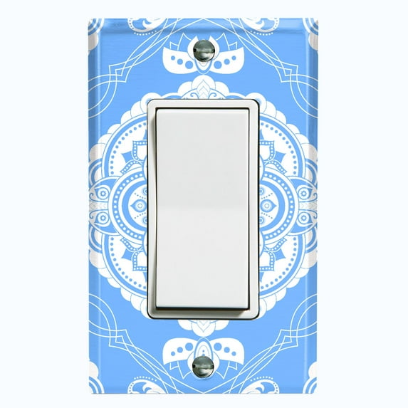 Metal Light Switch Plate Cover Mandala Blue White Floral Pattern Damask MDL079