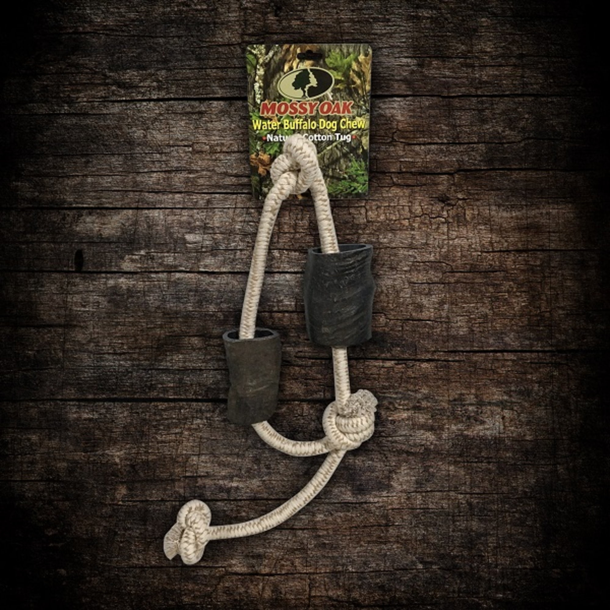 Mossy Oak: Water Buffalo Horn & Tug Dog Chew - 34" Slip-Knot Natural Cotton Rope, Pet Toy, Preservative Free Horn, Long-Lasting, Combines Play-Chewing