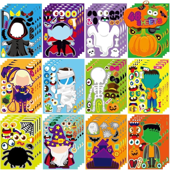 48 Sheets Halloween Mix and Match Make a Face Stickers for Kids, DIY Halloween Craft Kits for Classroom Parties, Trick or Treat Favors & Fall Holiday Activities