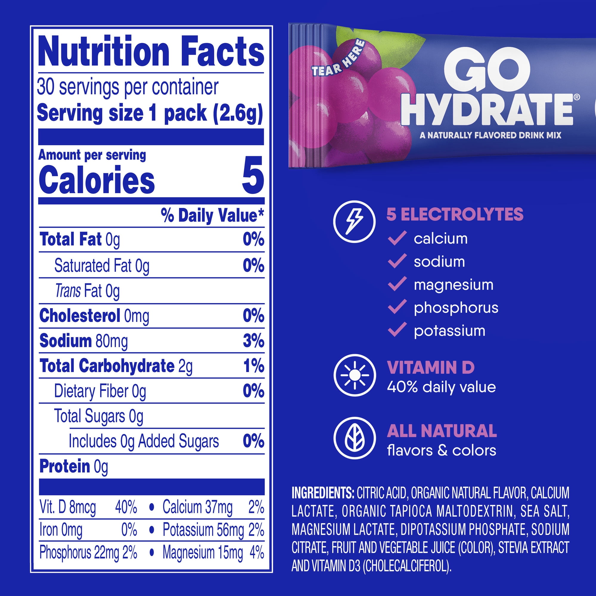 Electrolyte Hydration Drink Mix with Vitamin D, Non GMO Electrolyte Powder Hydration Pack, Grape, 30 Hydration Powder Packets - GoHydrate