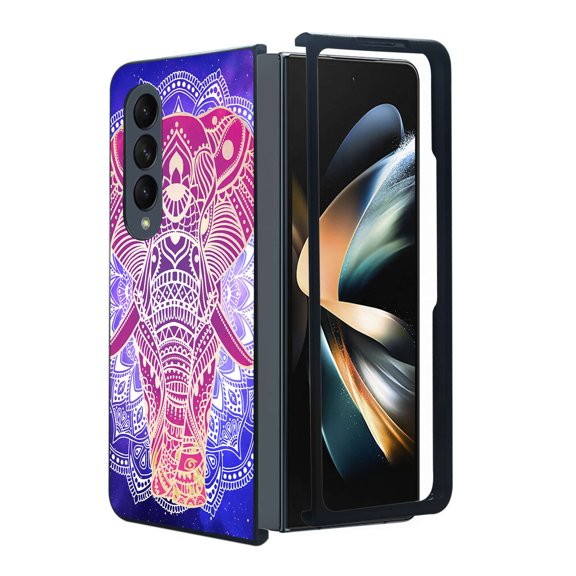 ANJ Protective Snap-On Design Printed Case Compatible with Samsung Galaxy Z Fold 4 - Blue Mandala Elephant