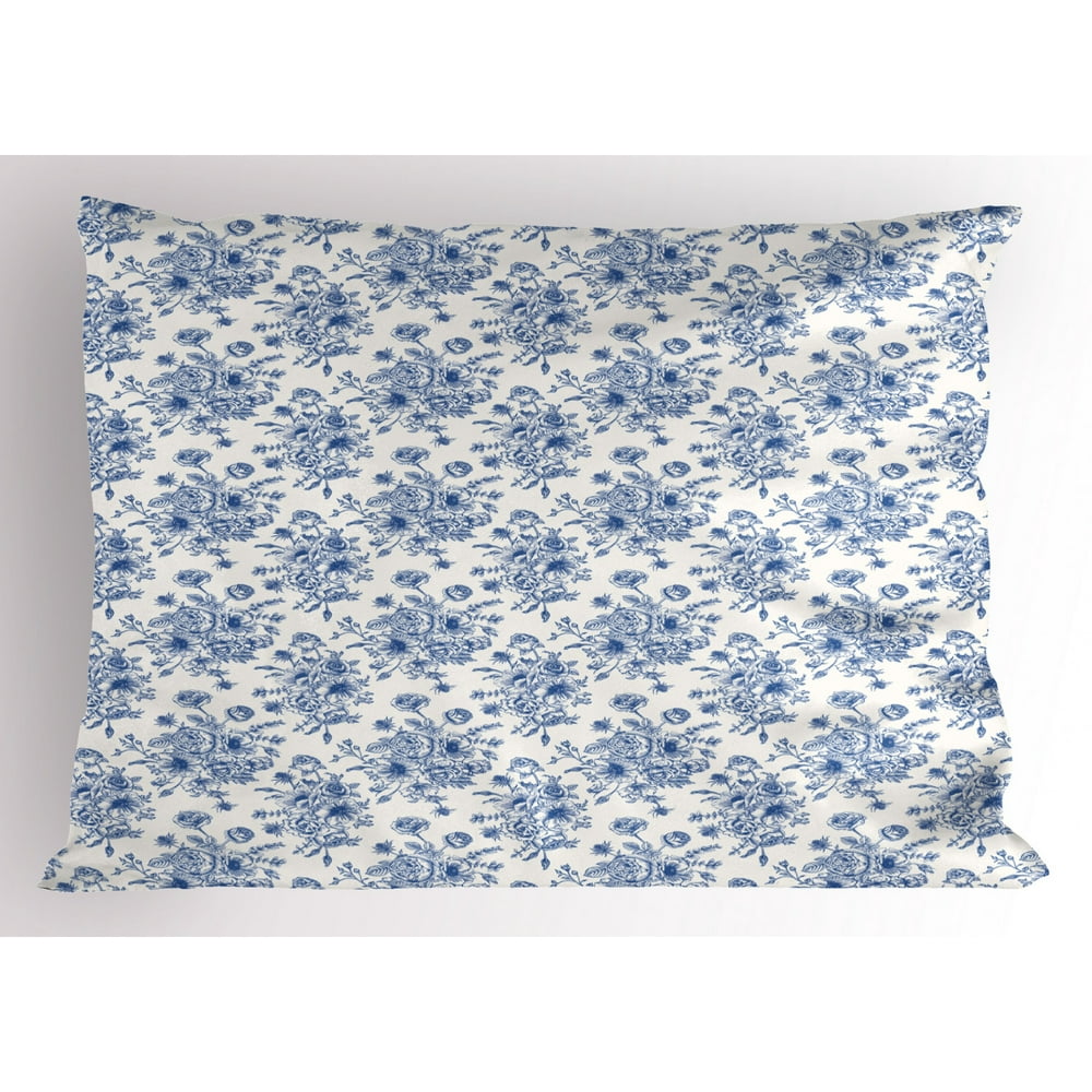 Blue and White Pillow Sham Sketchy Roses Anemones and Eustoma in Blue