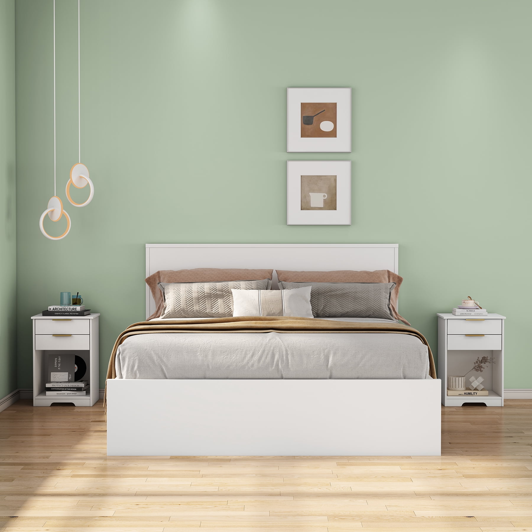Nighstand With 2 Drawers,End Table,Nightstand with Open Space,Golden Handle,Morden Design,For Living Room,Bedroom,Easy Assemble,White