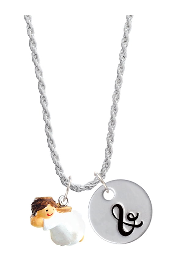 Resin Flying Angel Silvertone Script Initial Disc - & - Charm Necklace, 20"+3"