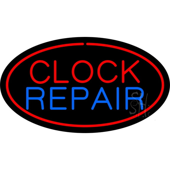 Clock Repair Oval Red LED Neon Sign 20 x 37 - inches, Clear Edge Cut Acrylic Backing, with Dimmer - Bright and Premium built indoor LED Neon Sign for Computer & Electronics store decor.