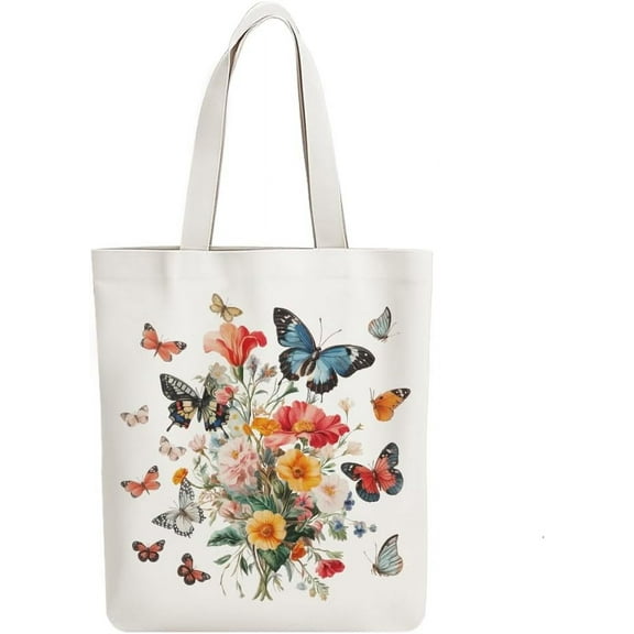 Canvas Tote Bag with Inner Pocket for Women Butterfly Bouquet Canvas Tote Bag Reusable Tote Shoulder Bag Casual Bag for Vacation Shopping Work Gym