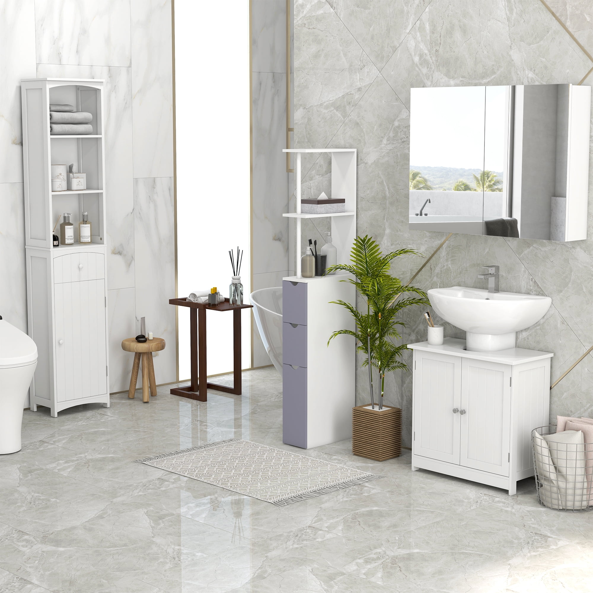 HOMCOM 24" Under Sink Storage Cabinet with 2 Doors and Shelves, Pedestal Sink Bathroom Vanity Furniture, White