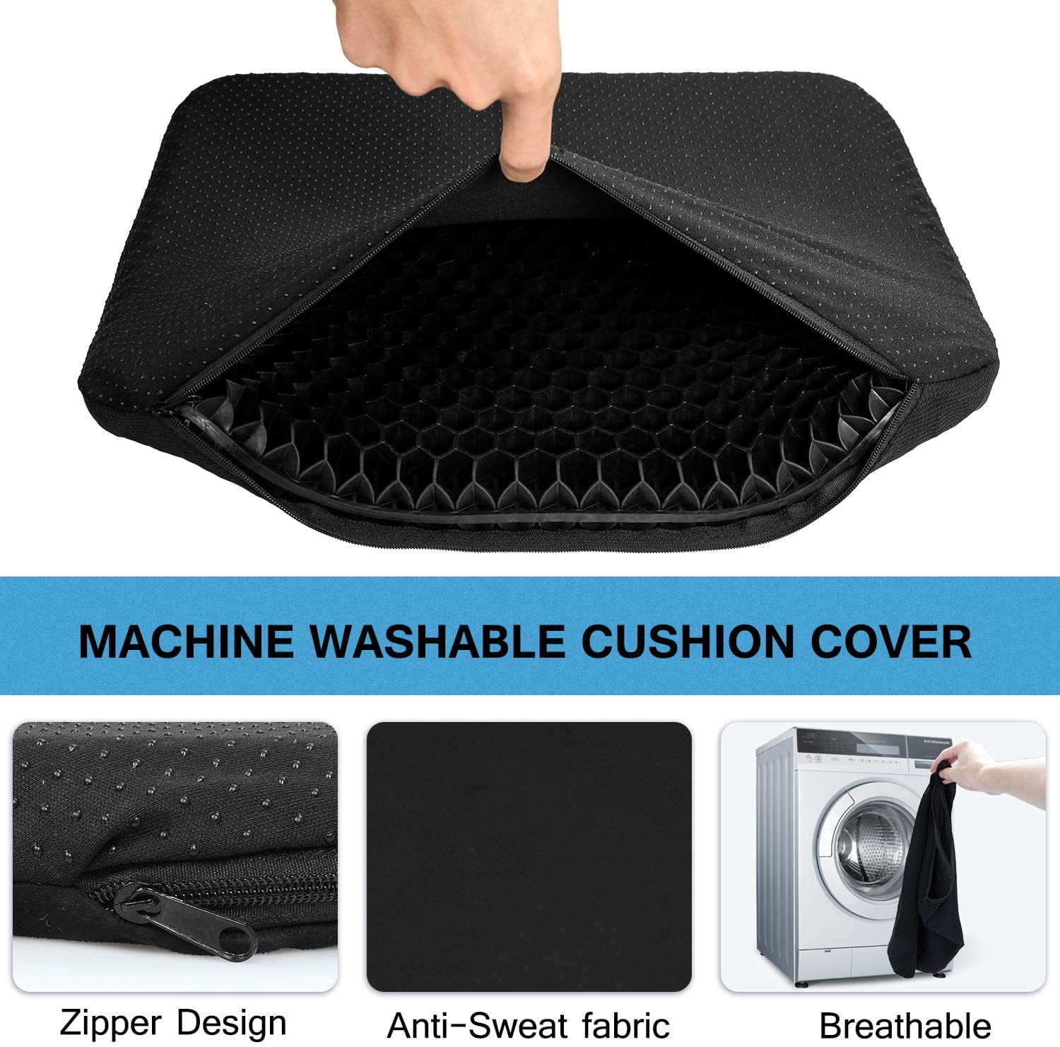 Gel Seat Cushion,SUPTEMPO Enhanced Seat Cushion,Double Gel Egg Honeycomb Design Thick Seat Cushion,for Pressure Relief Back Tailbone Pain,Car Travel Wheelchair with Black Cover 