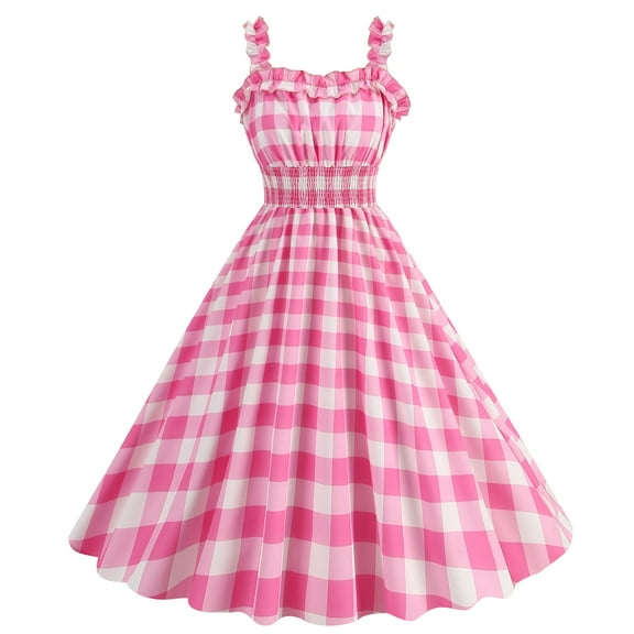 Cavosen 1950S Dresses for Women Pink Sleeveless 1950S Dress Midi Vintage Retro Ruched Pleated A-Line Dresses Plaid Casual Dress V-Neck Dress Going Out Dresses Vacation Clothes M
