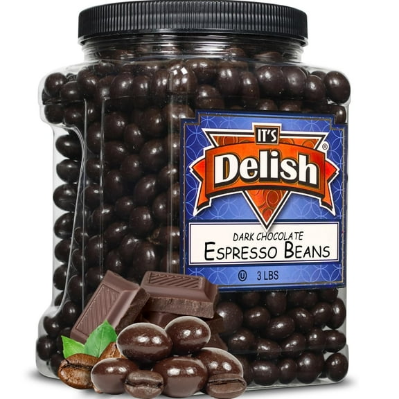 Dark Chocolate Covered Espresso Beans - by It's Delish, 3 Lbs Jumbo Container  Coffee Lovers Snack  Gourmet Chocolates Candy Snacks  Made in USA, Vegan, Kosher