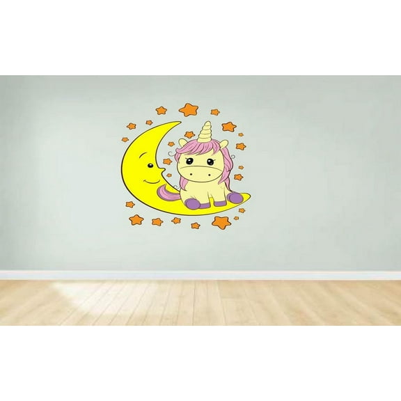 Pretty Unicorn Relaxing in the Sky Cartoon Character Wall Art Sticker Vinyl Decals Girls Boys Children Baby Bedroom House School Wall Decor Removable Sticker Peel and Stick Size (10x8 inch)