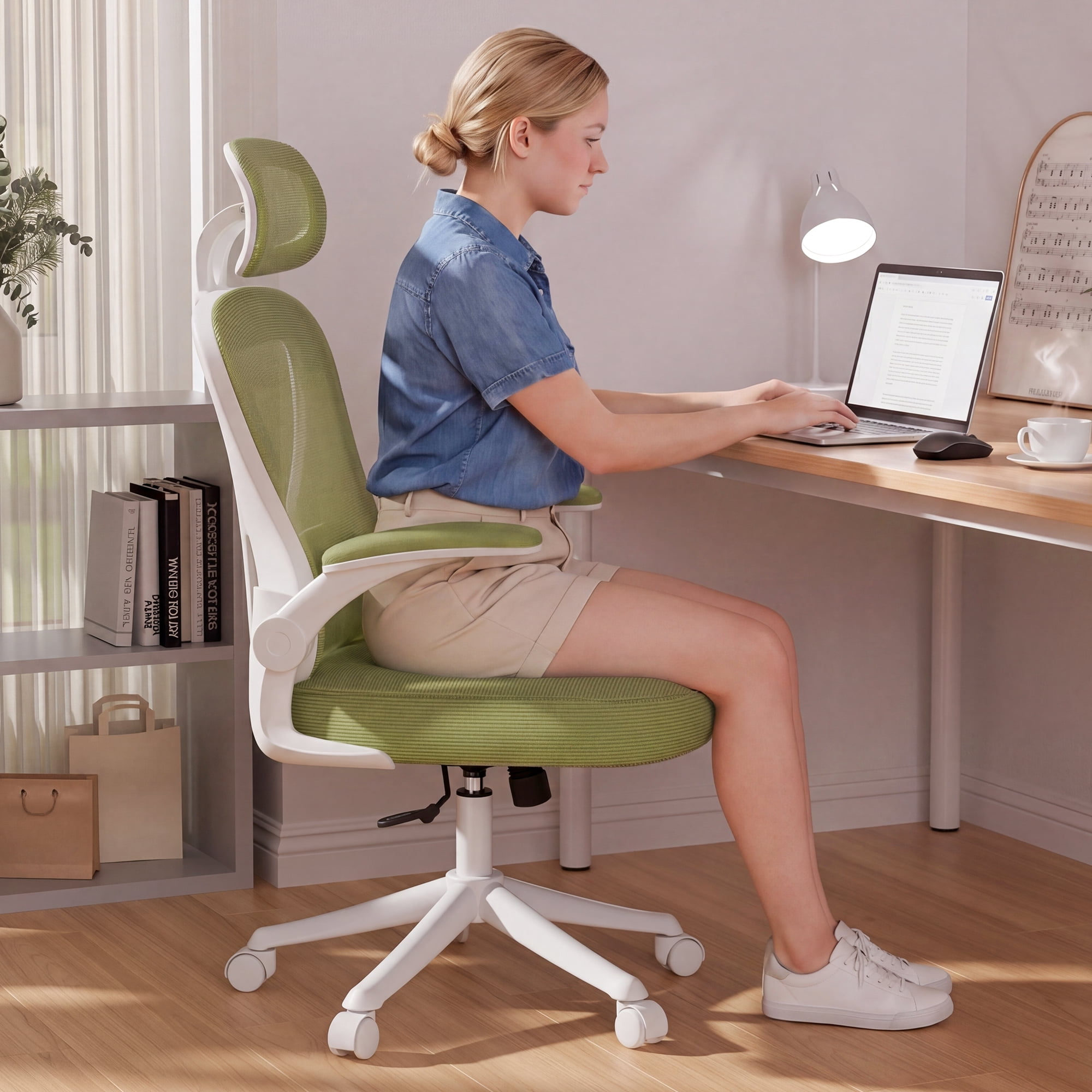 iooHug Ergonomic Mesh Office Chair with Adjustable Lumbar Support, Computer Desk Chair with Headrest, Flip-Up Arms, Green