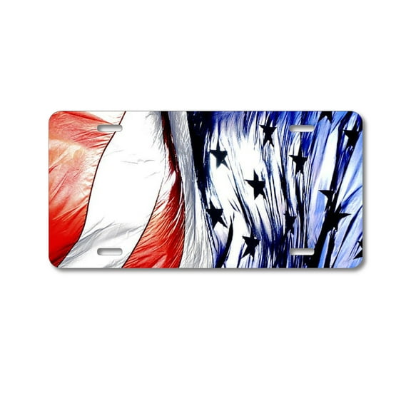 DistinctInk Custom Aluminum Vanity License Plate for Front of Car - Red White Blue United States Flag Waving