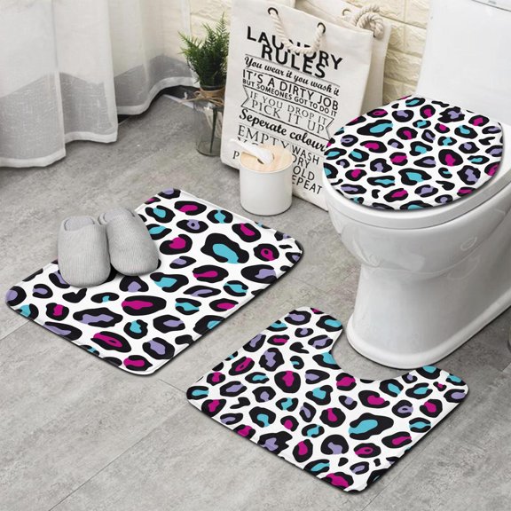 White and Colorful Of Leopard Print Bathroom Rugs Sets 3 Piece,Toilet Cover Set,Absorbent Non Slip Bathroom Mats Sets with U-Shaped Contour Rug Toilet Rug Set