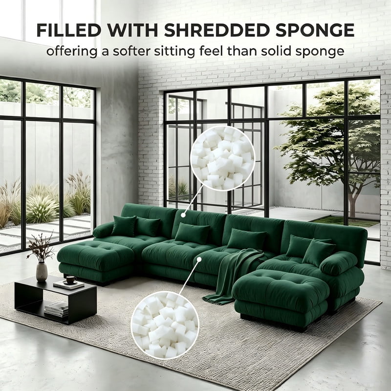ANPPORT Cloud Couch Sleeper Sofa, Chenille Green 4-Seater Modular Sofa with 2 Ottomans, 4 Lumbar pillows, 2 Pillows, Comfy Deep Seat Cloud Sofa, Convertible L-Shaped Floor Couch for Living Room