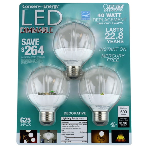 Feit Electric 3 Pack LED Dimmable Bath and Vanity G25 Globe Bulb Soft White
