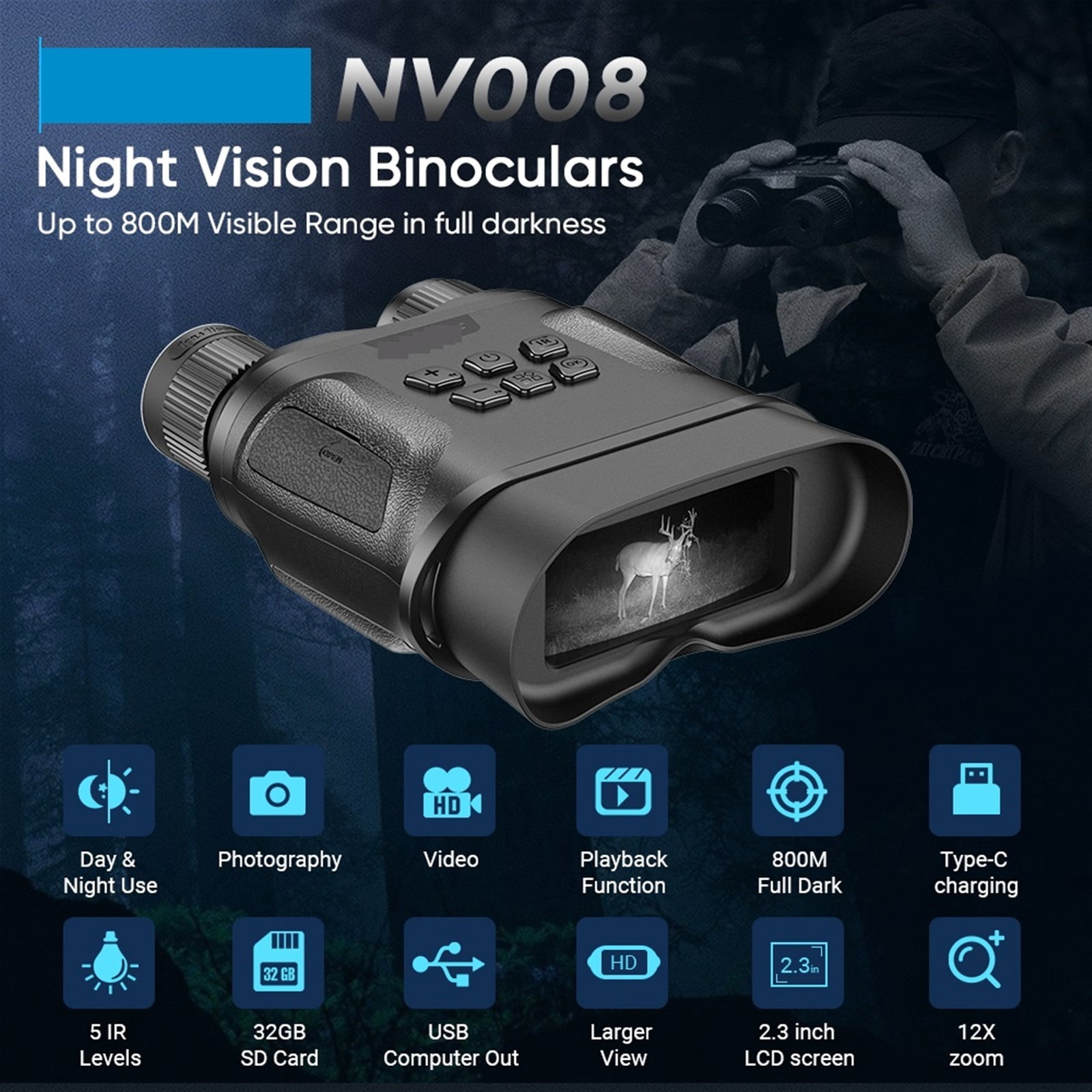 Night Vision Device Infrared Binoculars Digital 4-12x Zoom Telescope Day And Night Dual Use